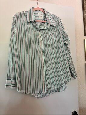 Aerie Striped Button-Up Shirt in White and Teal Med